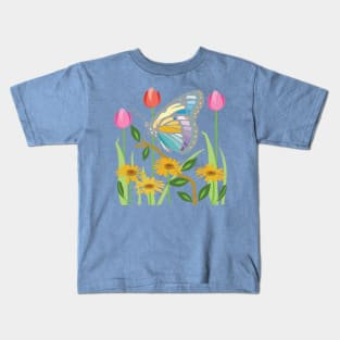 Butterfly in a Field of Tulips and Daisies Kids T-Shirt